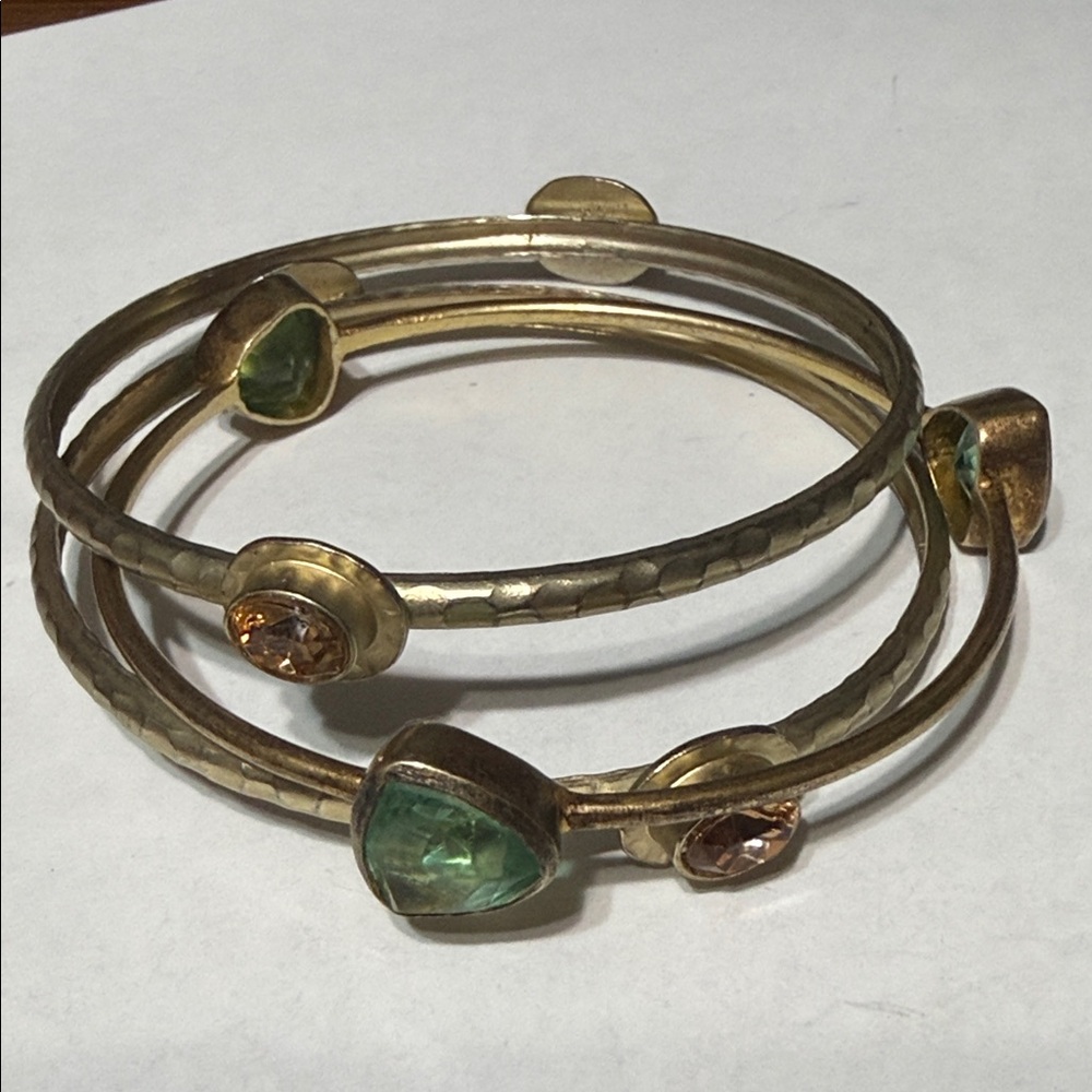 3 Elegant Gold & amber & Green faceted banged gold Bangle Set